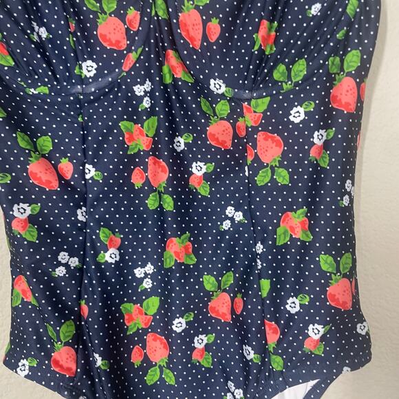 ModCloth Medium The Brandy Underwire One-Piece Swimsuit Blue Strawberry Print - Picture 6 of 13